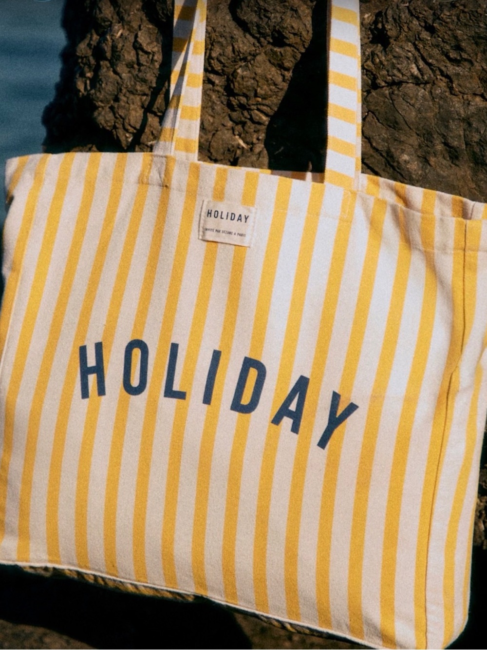 Sezane Yellow and White Striped Holiday Tote
